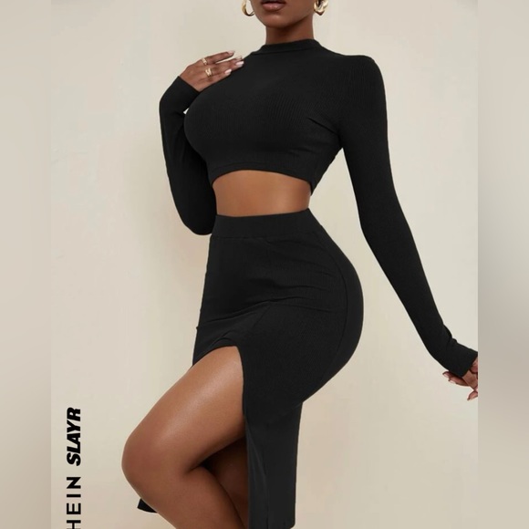 NWOT Black Stand Neck Crop Top & Split Thigh Skirt. - Picture 3 of 3